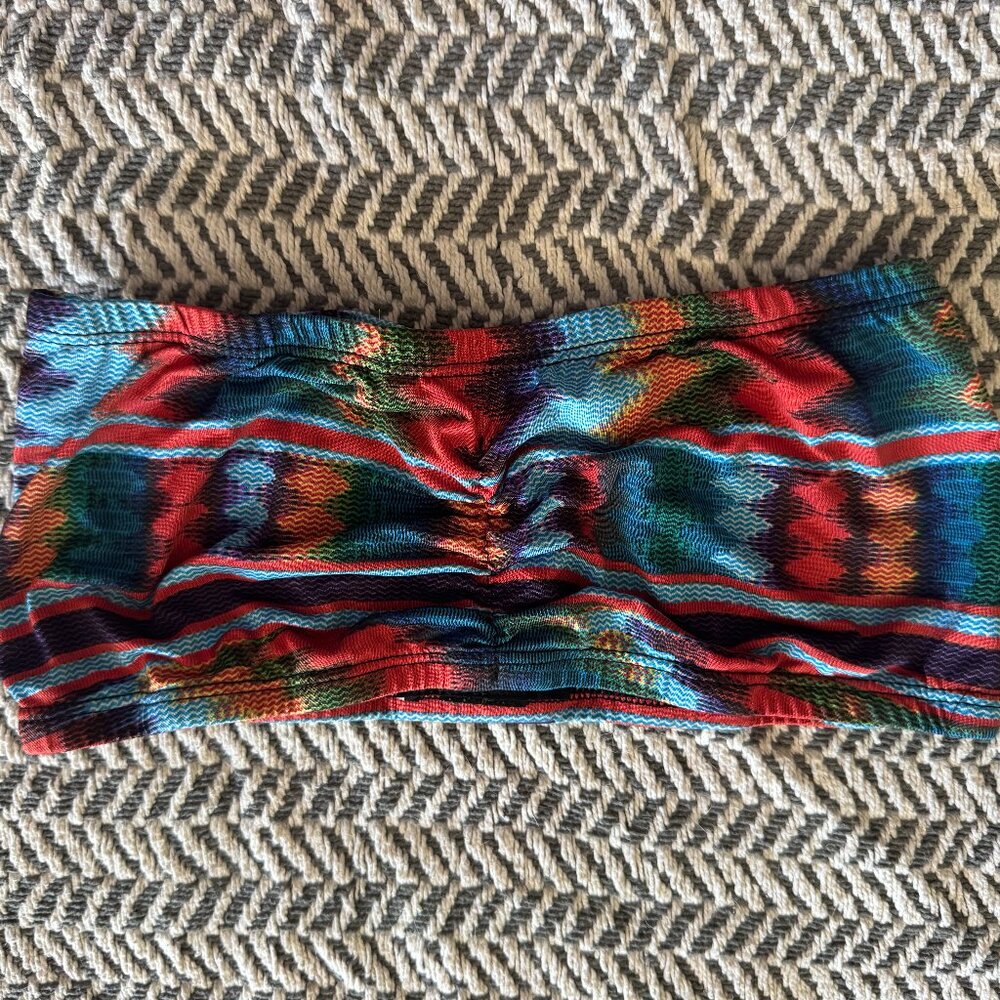 Blue Orange Tribal Patterned Tube Top Cropped Bandau Shirt Womans sz Small